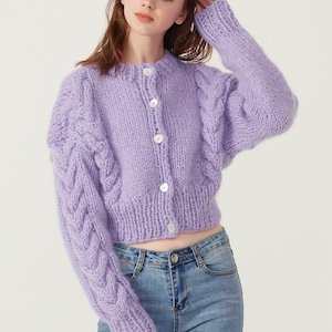 Hand knit woman sweater Mohair cable knit short cropped cardigan button front cardigan