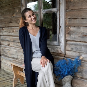Knitted long merino wool cardigan, Cosy oversized woolen jacket, Blue soft merino women's sweater with pockets, Loose fit hand knit cardigan