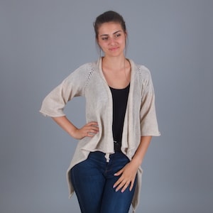 Drapey merino wool cardigan sweater, Open front cream melange cardigan, Lightweight fall autumn cardigan, Super soft pure natural wool