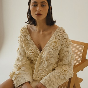 Handknit Wide Sleeves 100% Fine Cotton Cardigan, White V-Neck Jacket With Embroidered Flowers, Chunky Mid-Length Thick Sweater For Women