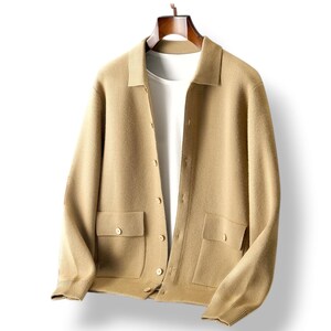 Mens Wool Cardigan, Knitted Polo Neck Sweater, Long Sleeve Button-Up Jacket, Smart Casual Winter Cardigan with Pockets, Men Cashmere Sweater