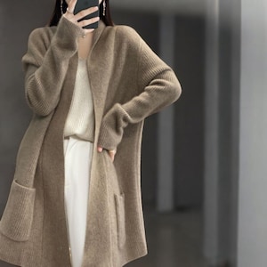 Merino wool long cardigan, Wool autumn winter pocket cardigan, Luxury cosy wool sweater, Merino wool loose warm knitwear