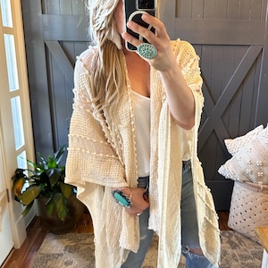 The Palouse Bohemian Cream Textured Airy Handmade Lightweight Cardigan Sweater by Lavender Tribe Design Open Crochet Knit Women's Clothing